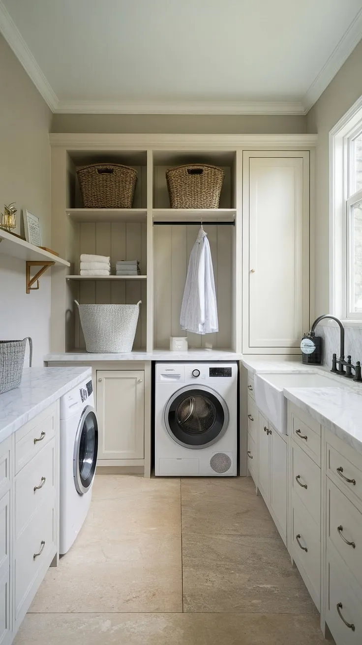 Transform your laundry routine with this dream laundry room.  Modern laundry rooms don't get much better than this – the perfect blend of style and efficiency, showcasing smart laundry room layouts and a sophisticated aesthetic.  Get inspired for your own laundry room renovation with this stunning space.