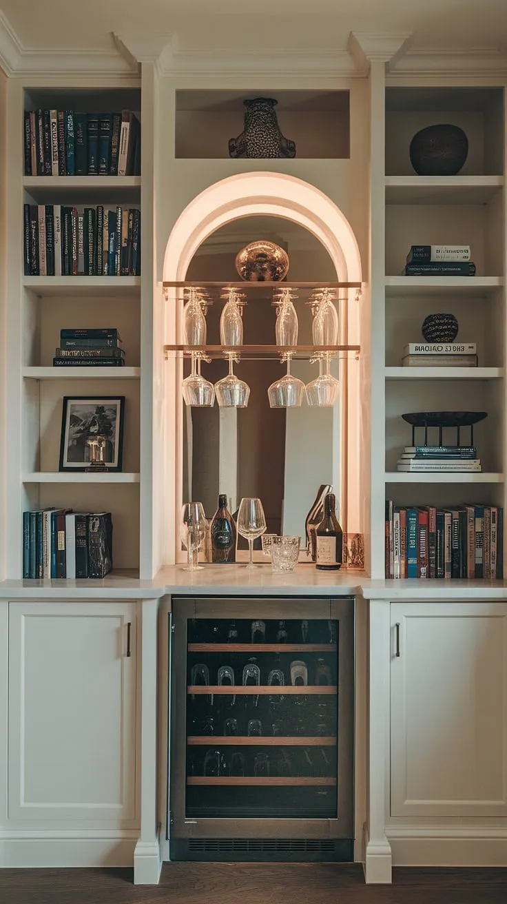 The perfect blend of relaxation and literary indulgence: a small library bar, where the built-in bar and bookshelves create a cozy haven.  This home library bar, with its bookcase with bar, offers the ultimate escape—a library and bar wall designed for quiet contemplation and spirited conversation.