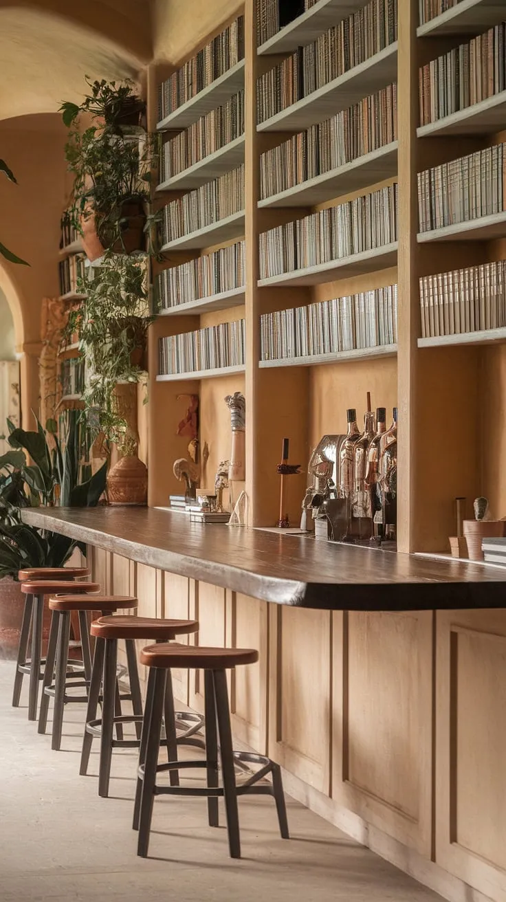 The perfect blend of relaxation and refinement: a small library bar tucked away, where the built-in bar and bookshelves create a cozy haven. This home library bar, with its bookcase with bar, offers the ultimate escape—a library and bar wall designed for quiet contemplation and spirited conversation.
