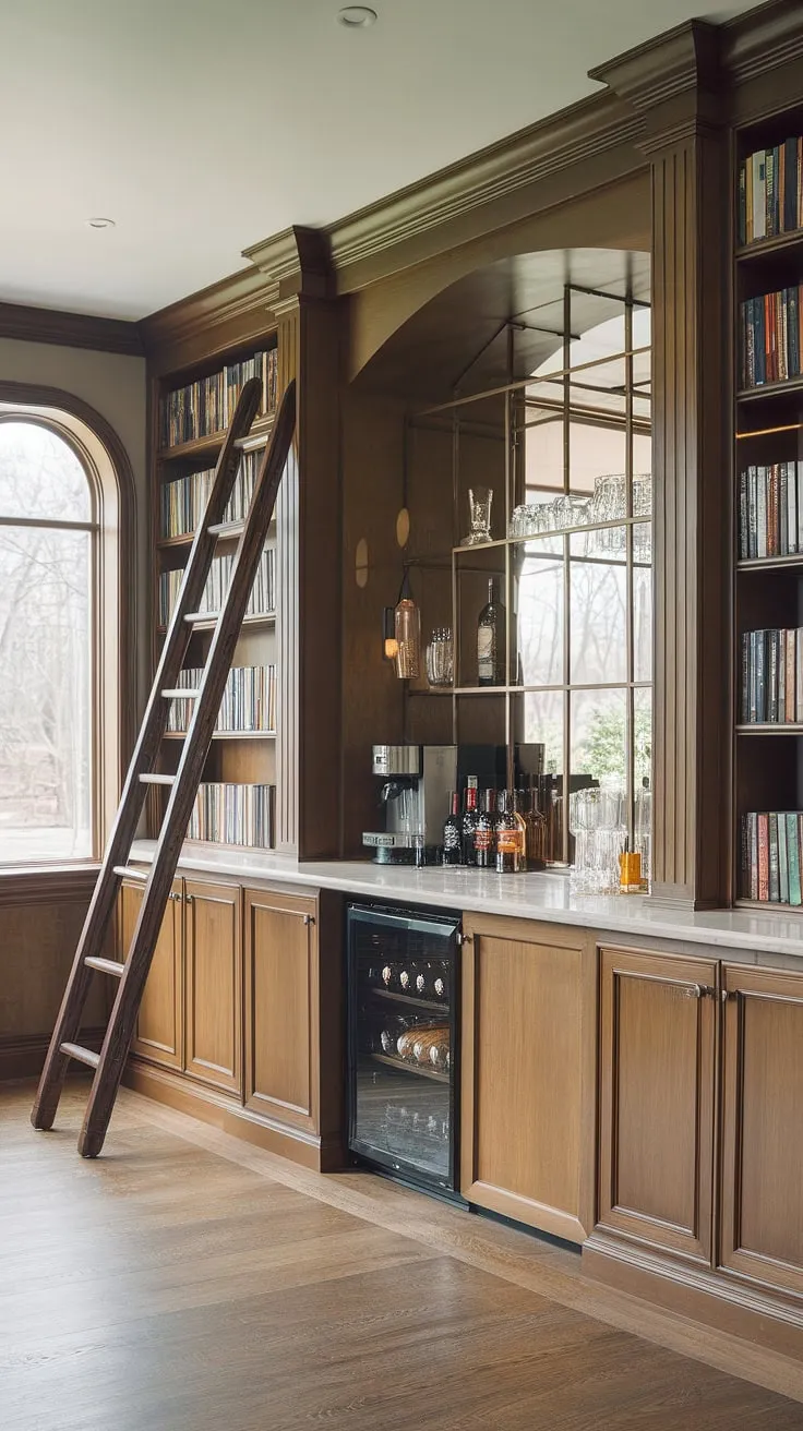 The perfect blend of literary indulgence and spirited relaxation. This home library bar, with its built-in bar and bookshelves, offers a small library bar experience unlike any other.  The bookcase with bar is a stunning example of efficient design, seamlessly merging a love for books and a passion for fine drinks.