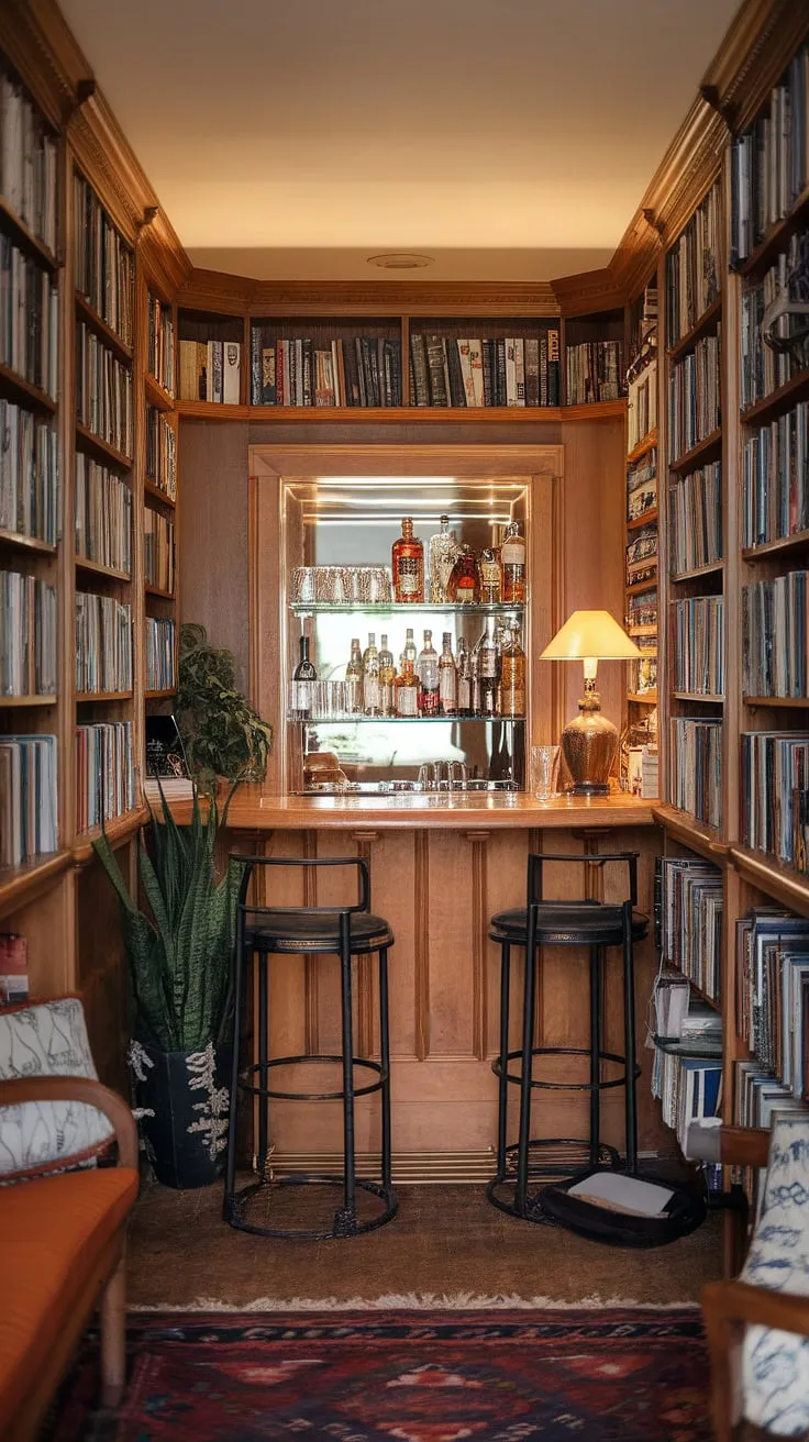 Escape to your own personal sanctuary: a home library with coffee bar nestled within a charming bookshelf with bar. This small library bar, featuring a bar and bookshelf design, is the epitome of sophisticated comfort, a true built-in bar and bookshelves masterpiece.
