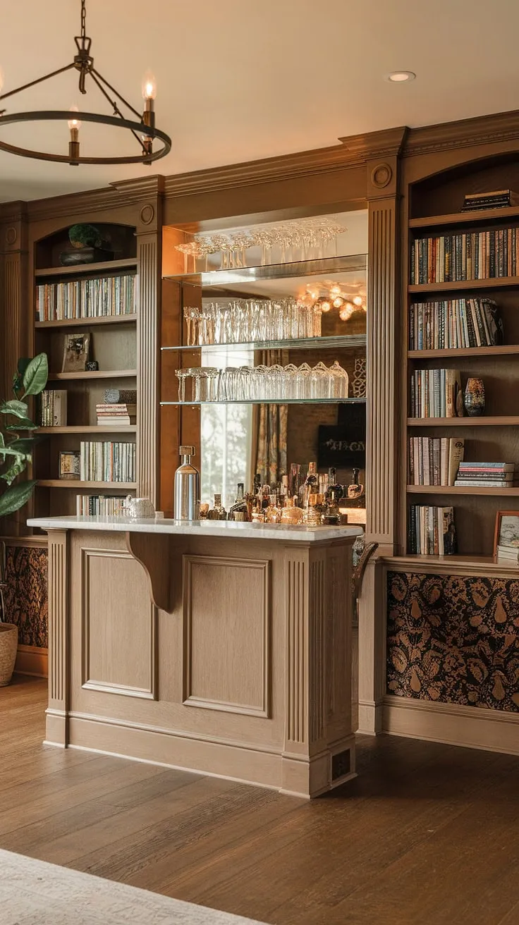 The perfect blend of relaxation and refinement: a small library bar, seamlessly integrated with built-in bar and bookshelves.  This home library bar offers the ultimate escape, where the aroma of aged spirits mingles with the scent of old paper.  A bookshelf with bar, it's a library and bar wall designed for quiet contemplation and convivial gatherings.