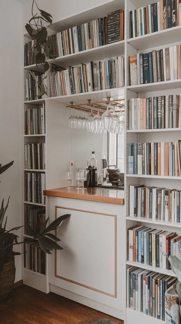 My little slice of heaven: a small library bar where the books and the booze coexist perfectly. This built-in bar and bookshelves unit is the heart of my home library, a bookshelf with bar that effortlessly blends my love for reading and relaxing.