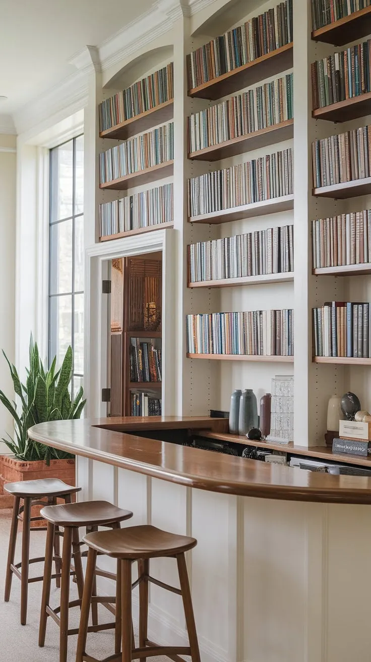 The perfect blend of literary indulgence and spirited relaxation. This home library bar, with its built-in bar and bookshelves, offers a small library bar experience where the bookshelf with bar seamlessly integrates into the design.  A bookcase with bar, this space is a haven for bookworms and cocktail enthusiasts alike.