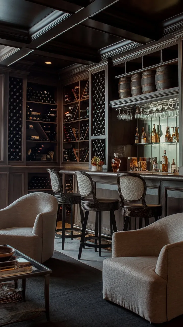 Escape to this masculine basement, a captivating blend of man cave with bar and moody wine room.  Dark wood paneling and a thoughtfully designed bar, complete with bourbon and glasses, create a sophisticated speakeasy vibe.  Imagine relaxing in this men's sitting room, surrounded by your favorite wines, a perfect example of home office bar ideas and mancave design ideas.  The library barroom aesthetic adds a touch of refined elegance to this ultimate retreat.