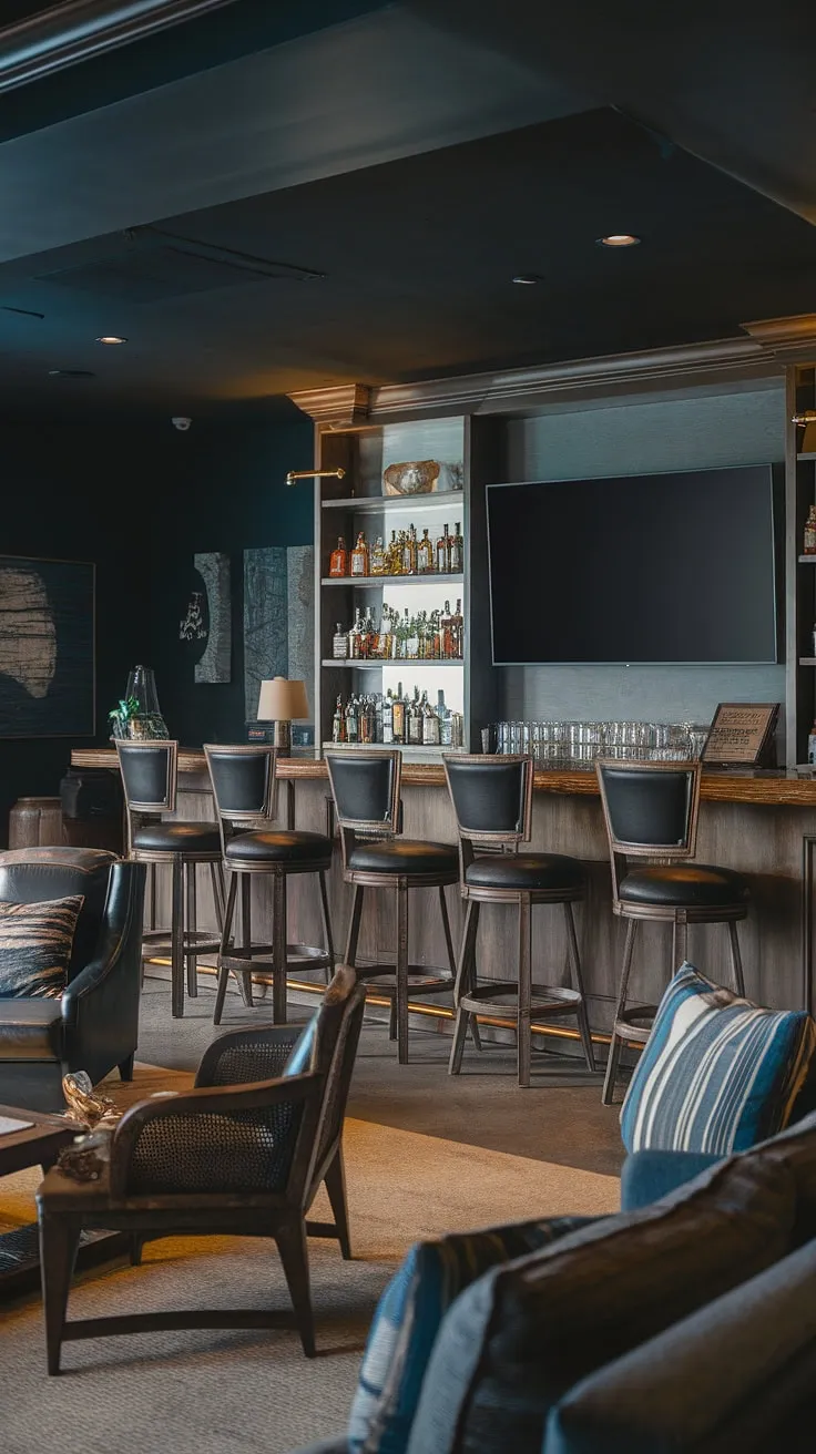 A dimly lit speakeasy vibe permeates this man cave with bar, transforming a simple masculine basement into a men's sitting room worthy of envy.  The long wooden bar, stocked with spirits, anchors the space, while the large screen TV and comfortable seating offer the ultimate in relaxation.  Consider this your inspiration for home office bar ideas.