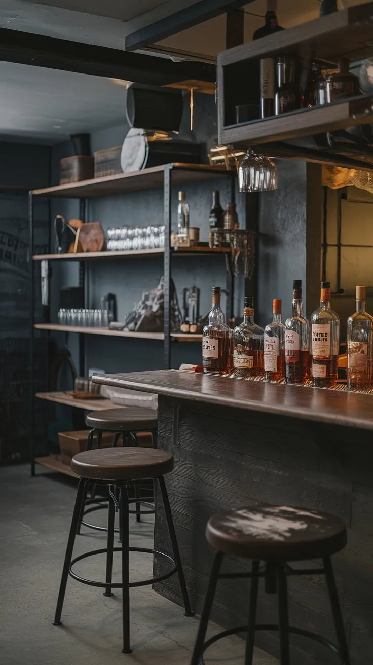 Escape to this man cave with bar, a sanctuary of mancave design ideas.  The dimly lit space, with its men's sitting room feel, offers the perfect blend of a bourbon room and a functional home office bar.  The custom bar and thoughtfully arranged shelves elevate this masculine basement into a true speakeasy experience.