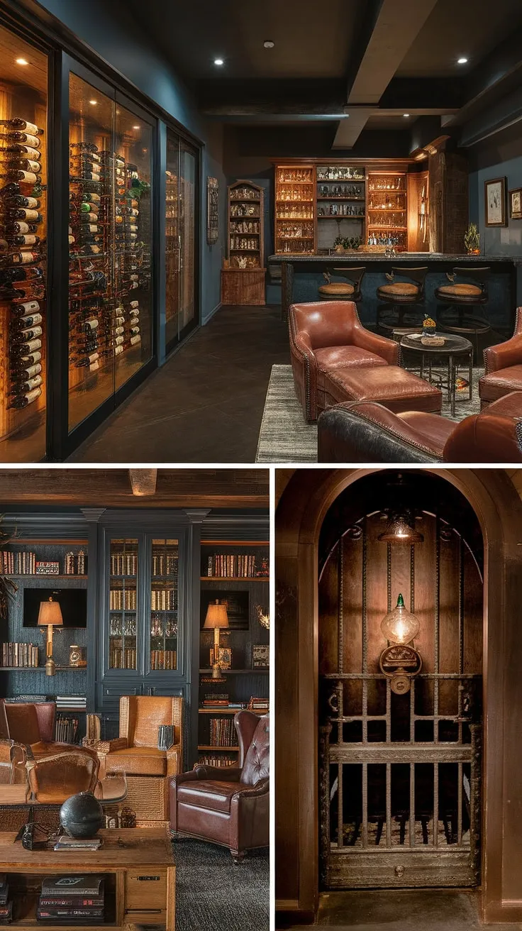 Escape the ordinary in this meticulously crafted masculine basement.  Discover a moody wine room, a richly appointed library barroom, and a comfortable men's sitting room, all culminating in a hidden bourbon room—a speakeasy-style haven complete with vintage lighting.  This space expertly blends home office bar ideas with the ultimate man cave with bar, showcasing exceptional mancave design ideas.