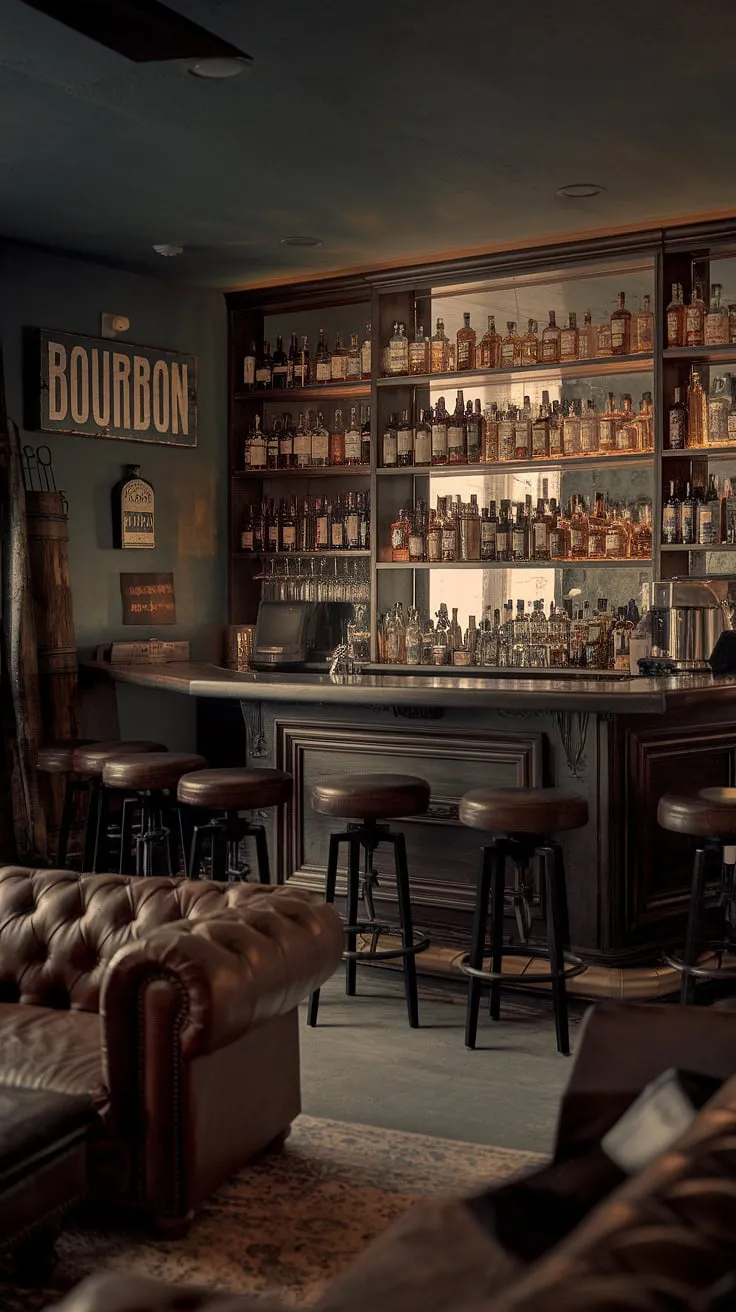 This bourbon room is more than just a man cave with bar; it's a meticulously crafted masculine basement, a sanctuary for the discerning gentleman.  Imagine relaxing on the leather sofa in this moody wine room, the shelves of your library barroom stocked with your finest spirits.  This home office bar ideas, with its speakeasy vibe, is the epitome of mancave design ideas.
