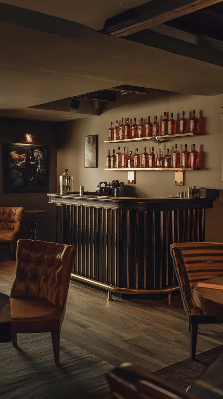 This masculine basement, a blend of library barroom and moody wine room, offers the ultimate man cave with bar.  The vintage speakeasy vibe, complete with a home office bar ideas and a curated bourbon room, creates the perfect men's sitting room for unwinding.  Mancave design ideas don't get much better than this.