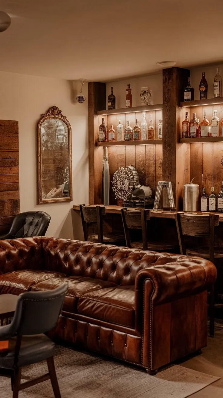 A dimly lit haven for the discerning gentleman: this man cave with bar is a masterclass in masculine basement design.  The curated collection of spirits displayed on wooden shelves, alongside a plush leather sofa and vintage mirror, creates the atmosphere of a private speakeasy.  Imagine enjoying a glass of wine in this moody wine room, or using the built-in bar as the centerpiece for a home office bar ideas.  This library barroom and men's sitting room combination is the ultimate expression of refined comfort.