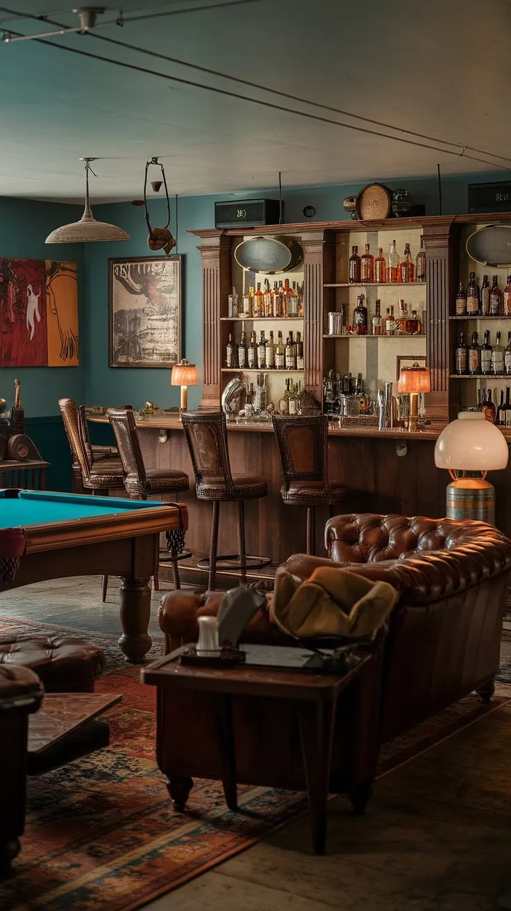 Step into this masculine basement, a meticulously crafted library barroom where the moody wine room ambiance meets the thrill of a speakeasy.  Leather sofas beckon relaxation, while the home office bar ideas—complete with a curated bourbon room—inspire late-night conversations.  This man cave with bar, a testament to mancave design ideas, boasts a vintage pool table and shelves brimming with spirits, creating the ultimate men's sitting room.