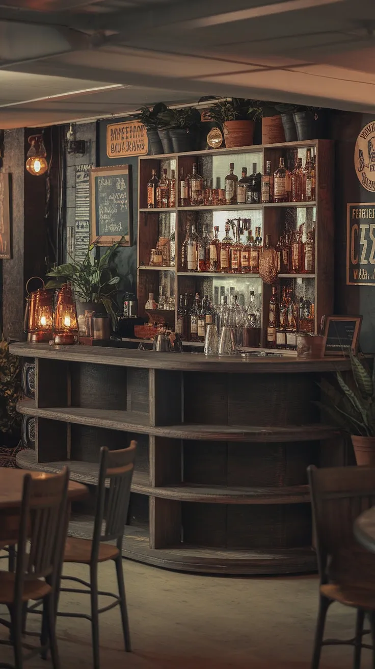 This masculine basement transcends mere man cave with bar status; it's a curated library barroom, a moody wine room where bourbon reigns supreme, and a sophisticated home office bar ideas come to life.  The speakeasy vibe, complete with vintage posters and a chalkboard, blends seamlessly with the comfortable men's sitting room feel.  Mancave design ideas at their finest.
