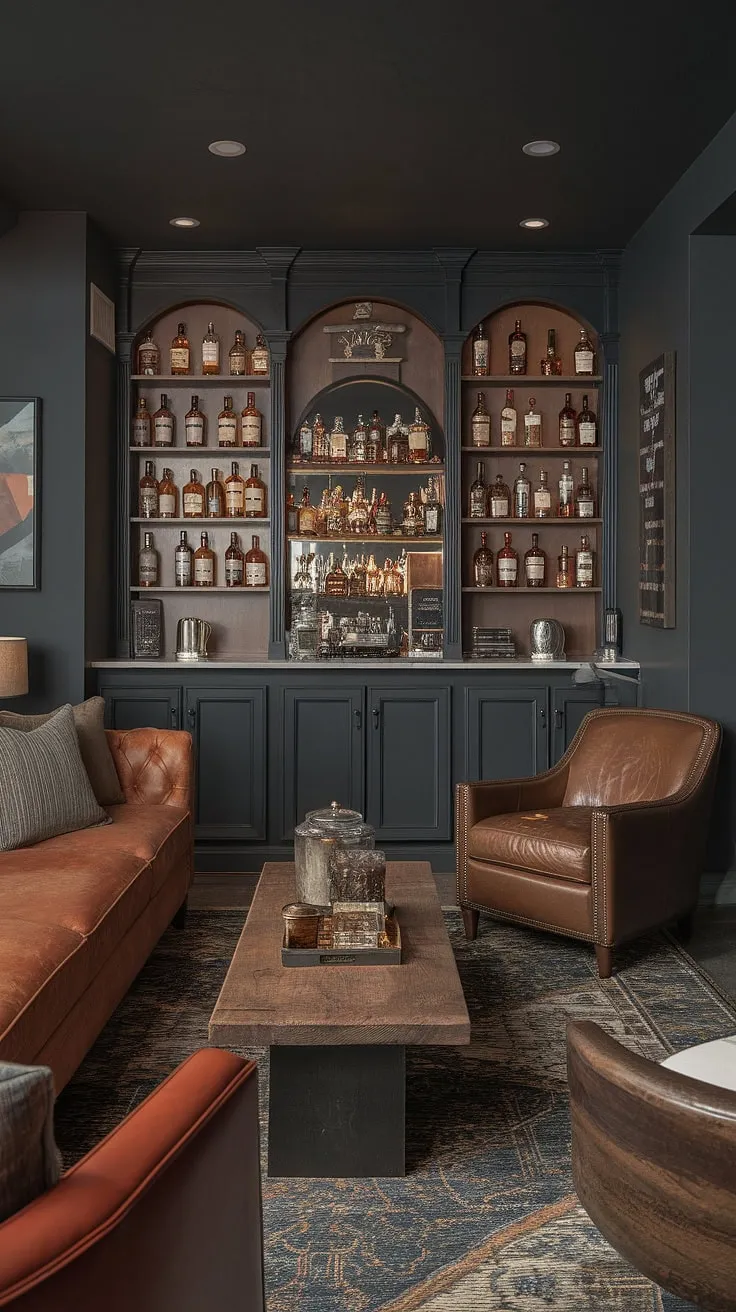 This masculine basement transcends expectations.  A library barroom, moody wine room, and home office bar ideas all converge in this sophisticated man cave with bar. The burnt orange sofa and brown leather chair invite relaxation, while the whiskey-filled bookshelf and speakeasy vibe promise an evening of refined indulgence.  Perfect mancave design ideas for the discerning gentleman.
