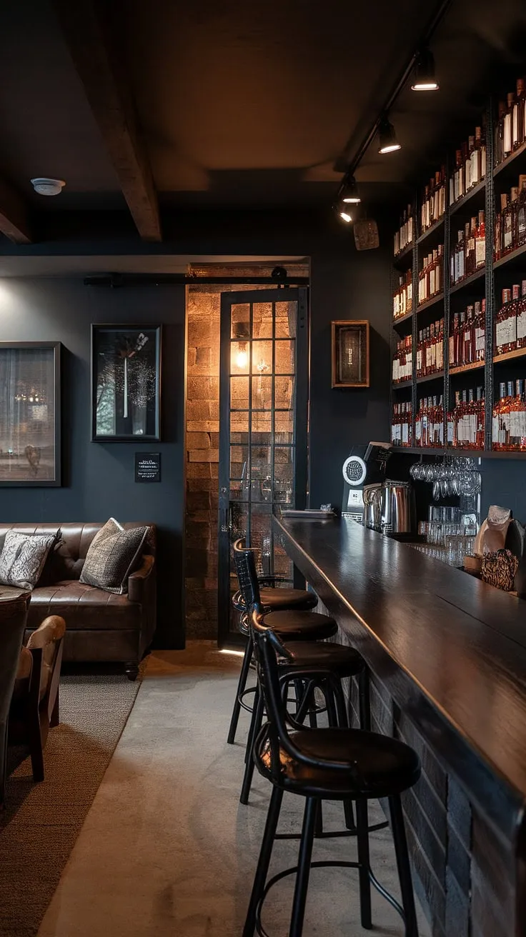 Escape to your own private sanctuary: a masculine basement transformed into a haven of refined indulgence.  This man cave with bar boasts a library barroom, a moody wine room, and a comfortable men's sitting room, all showcasing exceptional home office bar ideas and bourbon room design. The speakeasy entrance adds a touch of mystery to this expertly crafted mancave design ideas.