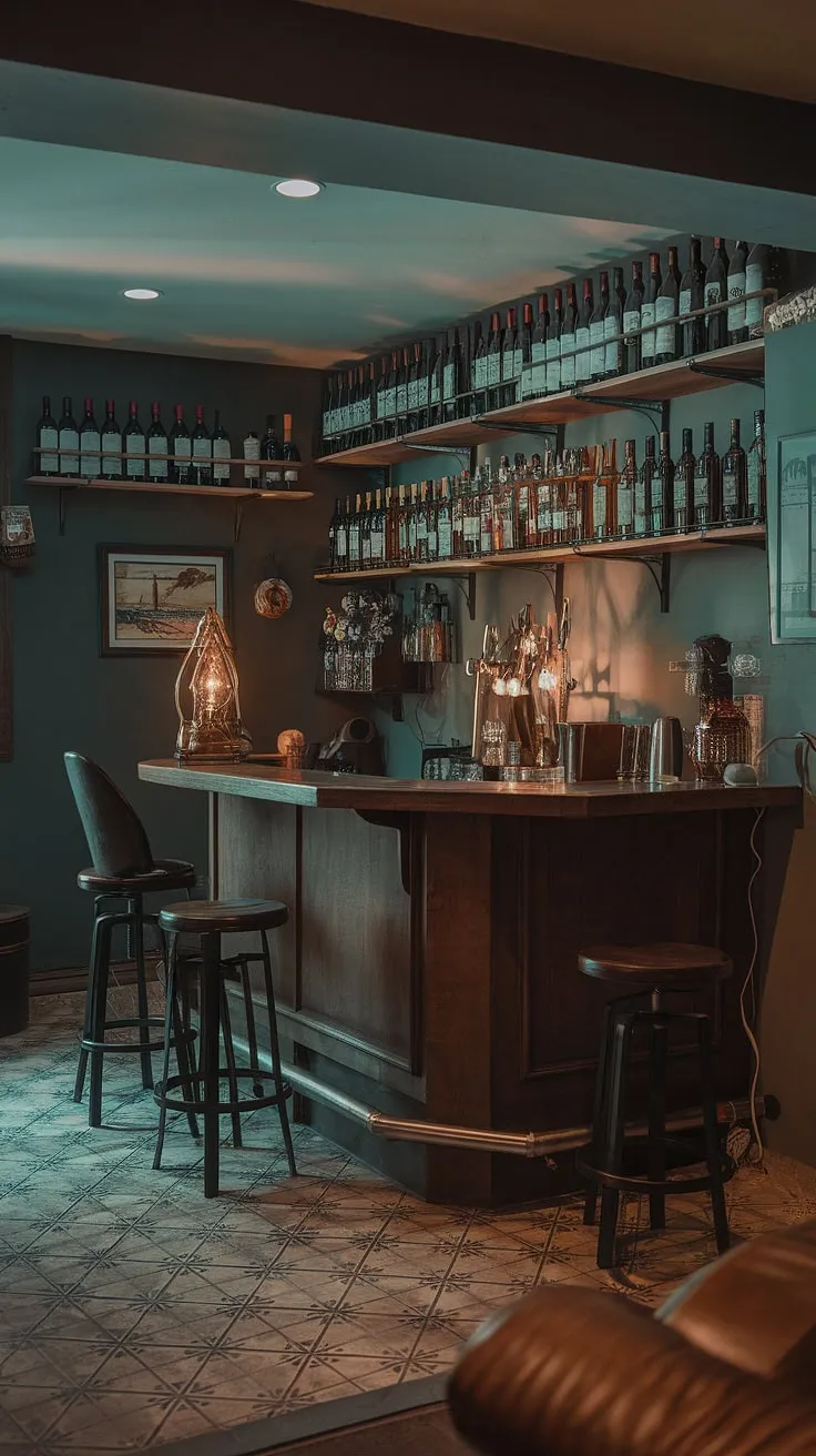 A dimly lit haven of masculine design. This man cave with bar boasts a curated collection of bourbon and wine, displayed proudly in a library barroom setting. The patterned tile floor and vintage lamp add to the speakeasy atmosphere, making it the ultimate men's sitting room and a prime example of home office bar ideas.  A true testament to mancave design ideas and a sophisticated masculine basement.