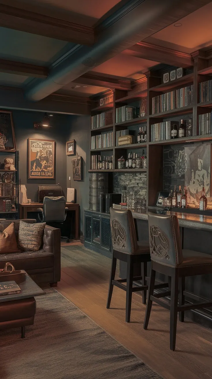 This moody wine room transcends the typical mancave; it's a sophisticated bourbon room, a home office bar, and a library barroom all in one.  The masculine basement design seamlessly integrates a men's sitting room with a speakeasy vibe, offering the perfect blend of work, relaxation, and refined indulgence. Explore these mancave design ideas for your own sanctuary.