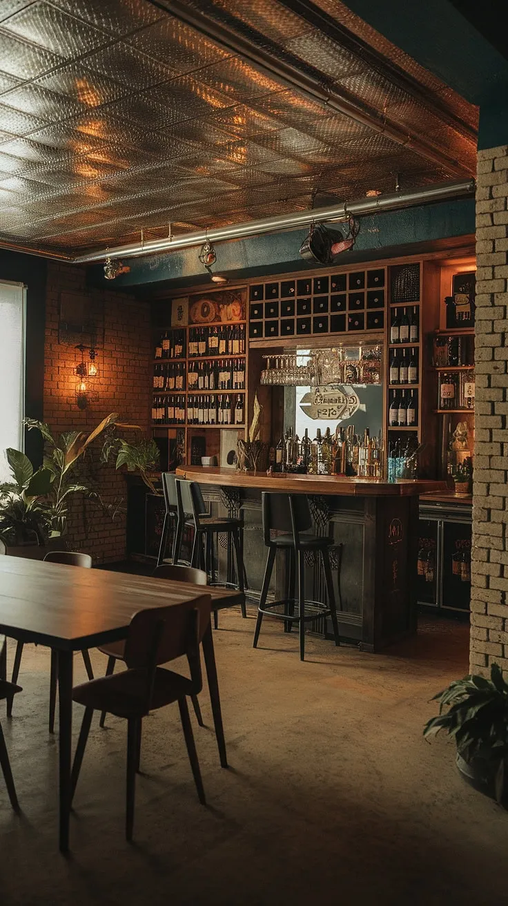 Escape to this moody wine room, a sophisticated blend of library barroom and men's sitting room.  The masculine basement design, complete with a home office bar, evokes the ambiance of a classic speakeasy.  Perfect mancave design ideas for the discerning gentleman.