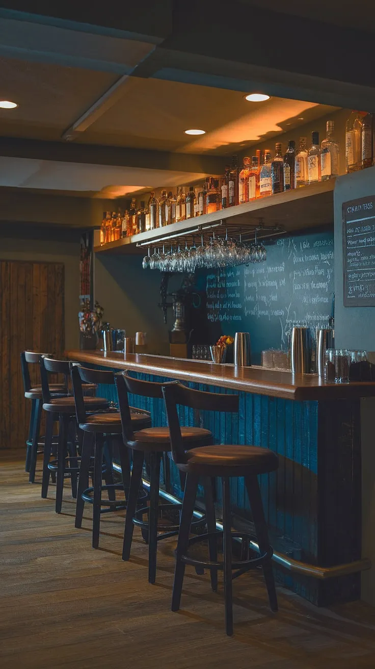 Step into this sophisticated speakeasy, a man cave with bar that redefines masculine basement design.  The long wooden counter, stocked with spirits, invites conversation, while the warm lighting and library barroom feel create a perfect moody wine room.  Ideal home office bar ideas meet refined man's sitting room in this exceptional space.
