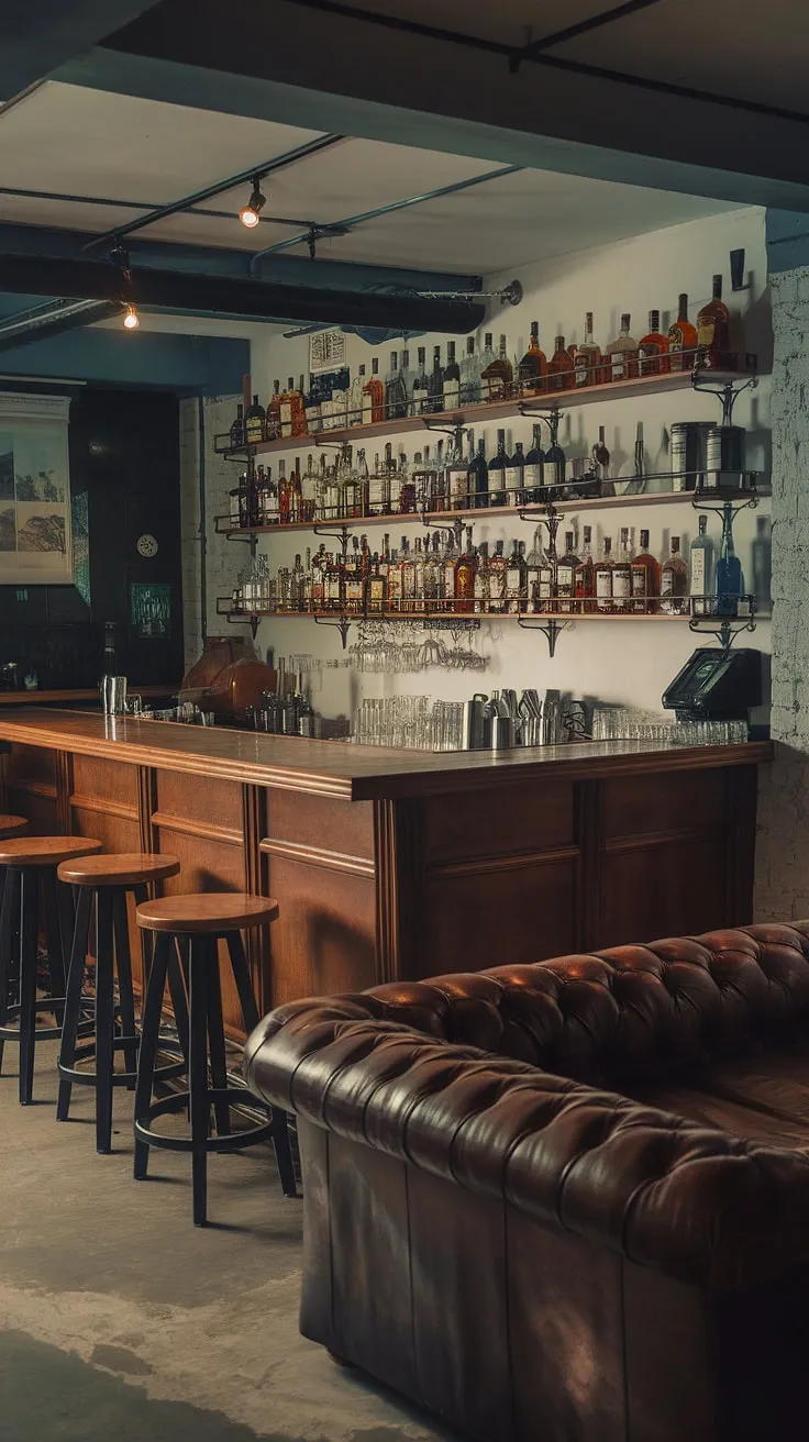 This dimly lit speakeasy evokes the charm of a bygone era.  A masculine basement transformed into a haven for relaxation and refined indulgence, this home office bar ideas showcases a stunning bourbon room.  The leather seating complements the wooden bar and well-stocked shelves, creating a library barroom atmosphere perfect for a men's sitting room.  Consider this the ultimate man cave with bar, brimming with mancave design ideas.