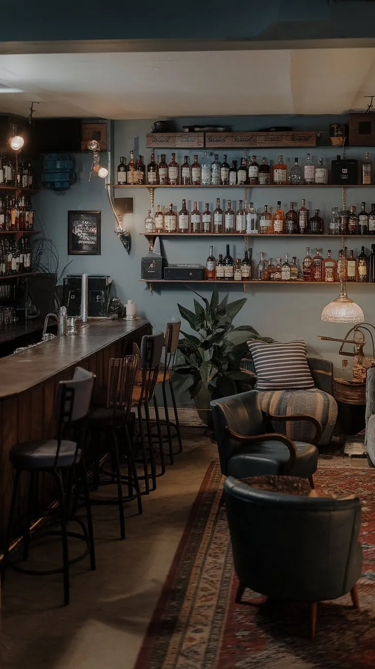 This bourbon room, a stunning example of masculine basement design, seamlessly merges the functionality of a home office bar with the relaxed atmosphere of a men's sitting room.  The dimly lit space, with its curated collection of spirits and comfortable seating, evokes the clandestine charm of a speakeasy while offering the refined elegance of a library barroom.  Consider this your inspiration for mancave design ideas.