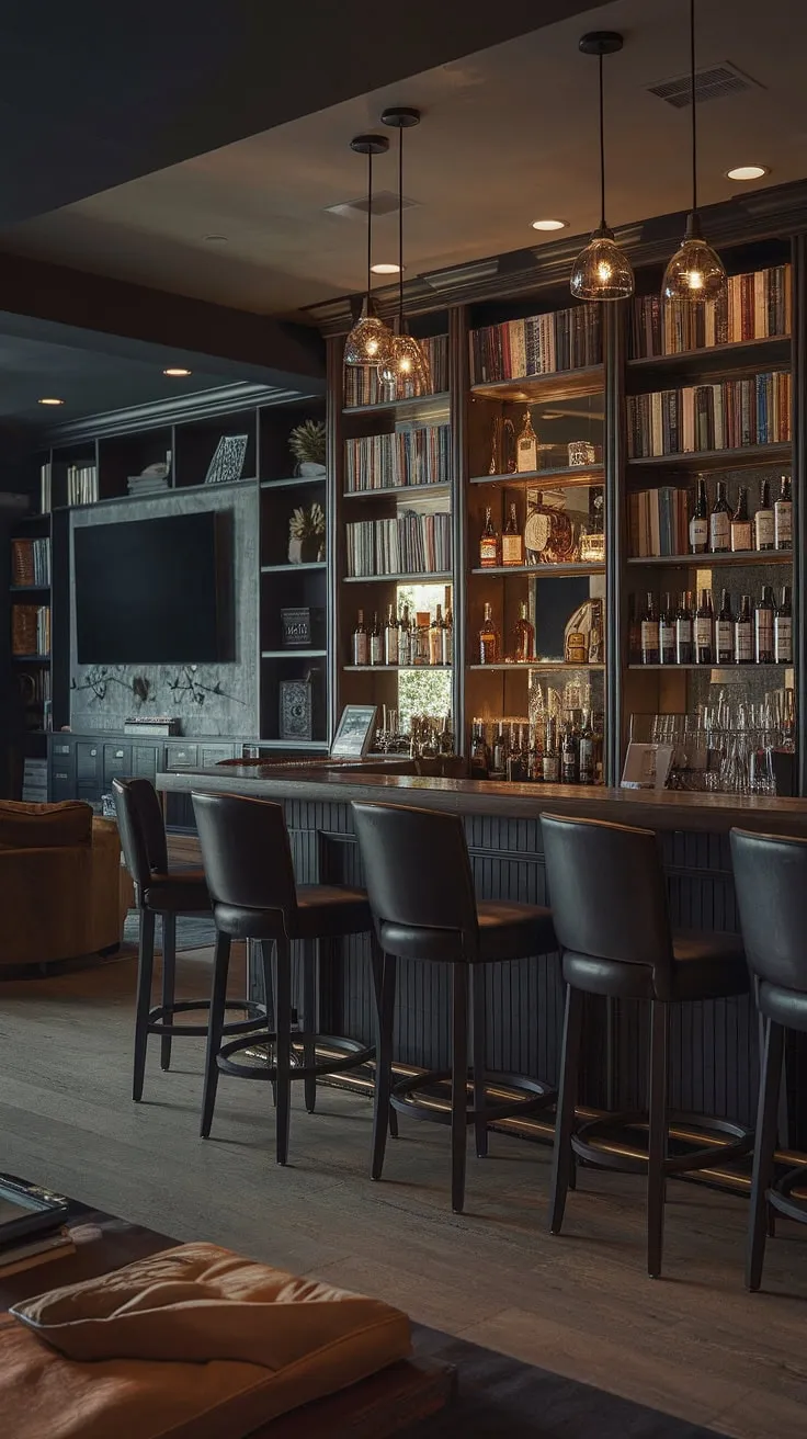 Descend into a world of dark elegance. This masculine basement boasts a speakeasy vibe, complete with a library barroom, a cozy men's sitting room perfect for unwinding, and a moody wine room for discerning palates.  Explore the ultimate in home office bar ideas and mancave design ideas within this captivating bourbon room.