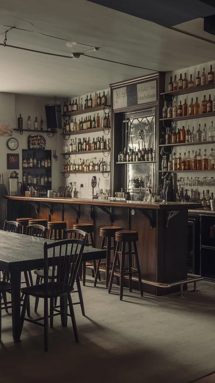 This dimly lit speakeasy, a masterful example of mancave design ideas, seamlessly blends the functionality of a home office bar with the sophisticated charm of a library barroom.  The bourbon room's rich wood tones and carefully curated collection create a moody wine room atmosphere perfect for a men's sitting room.  A true masculine basement retreat.