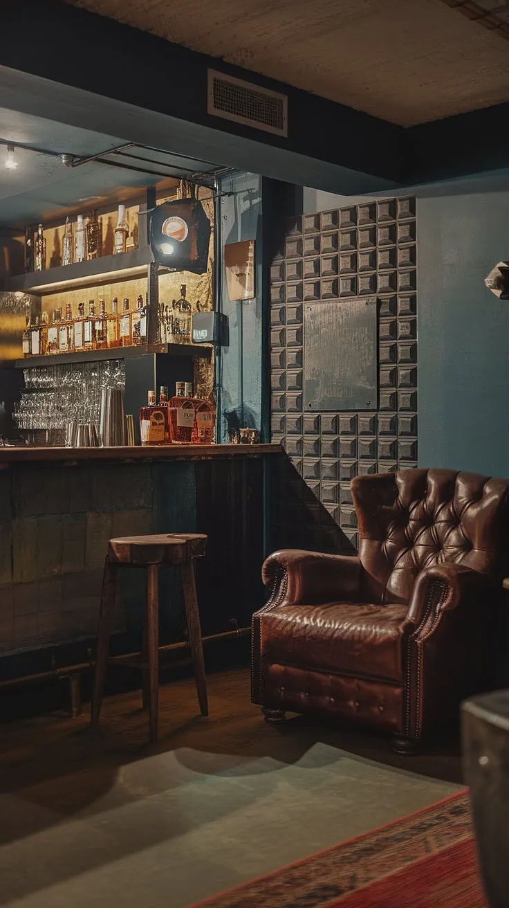This dimly lit speakeasy, tucked away in a masculine basement, redefines the men's sitting room.  The custom bar, stocked with fine bourbon, and the unique wall design create a truly captivating bourbon room, offering inspiration for home office bar ideas and mancave design ideas.
