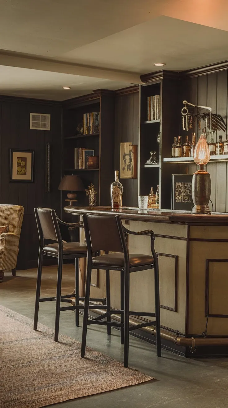 The dimly lit haven of this masculine basement is more than just a man cave with bar; it's a curated experience.  Imagine sinking into a chair in this moody wine room, a glass of bourbon in hand, surrounded by the comforting presence of a well-stocked library barroom.  This space effortlessly blends home office bar ideas with the sophisticated allure of a speakeasy, offering the ultimate in mancave design ideas.  A true testament to masculine basement design.
