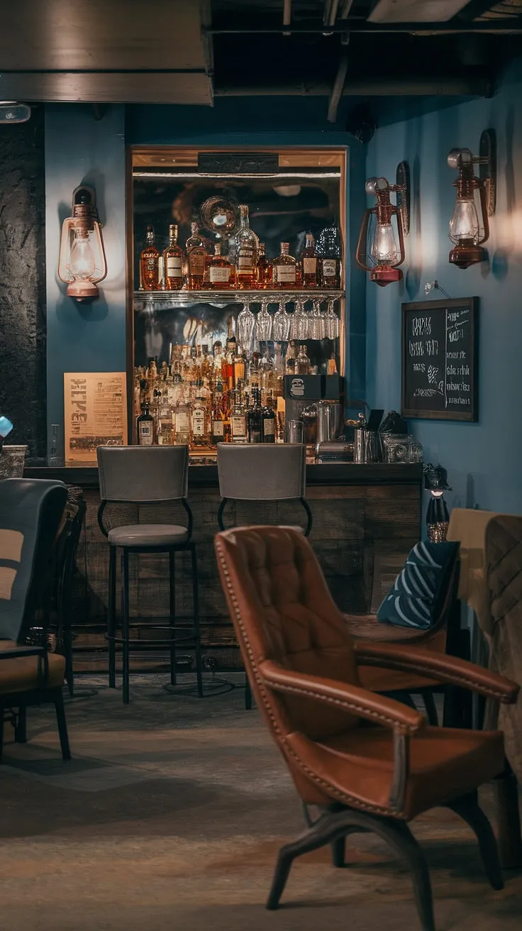Escape to this dimly lit speakeasy, a man cave with bar that redefines masculine basement design.  The vintage lanterns and chalkboard add character to this bourbon room, perfect for enjoying a drink in the comfort of your own library barroom or moody wine room.  Consider this your ultimate home office bar ideas inspiration.