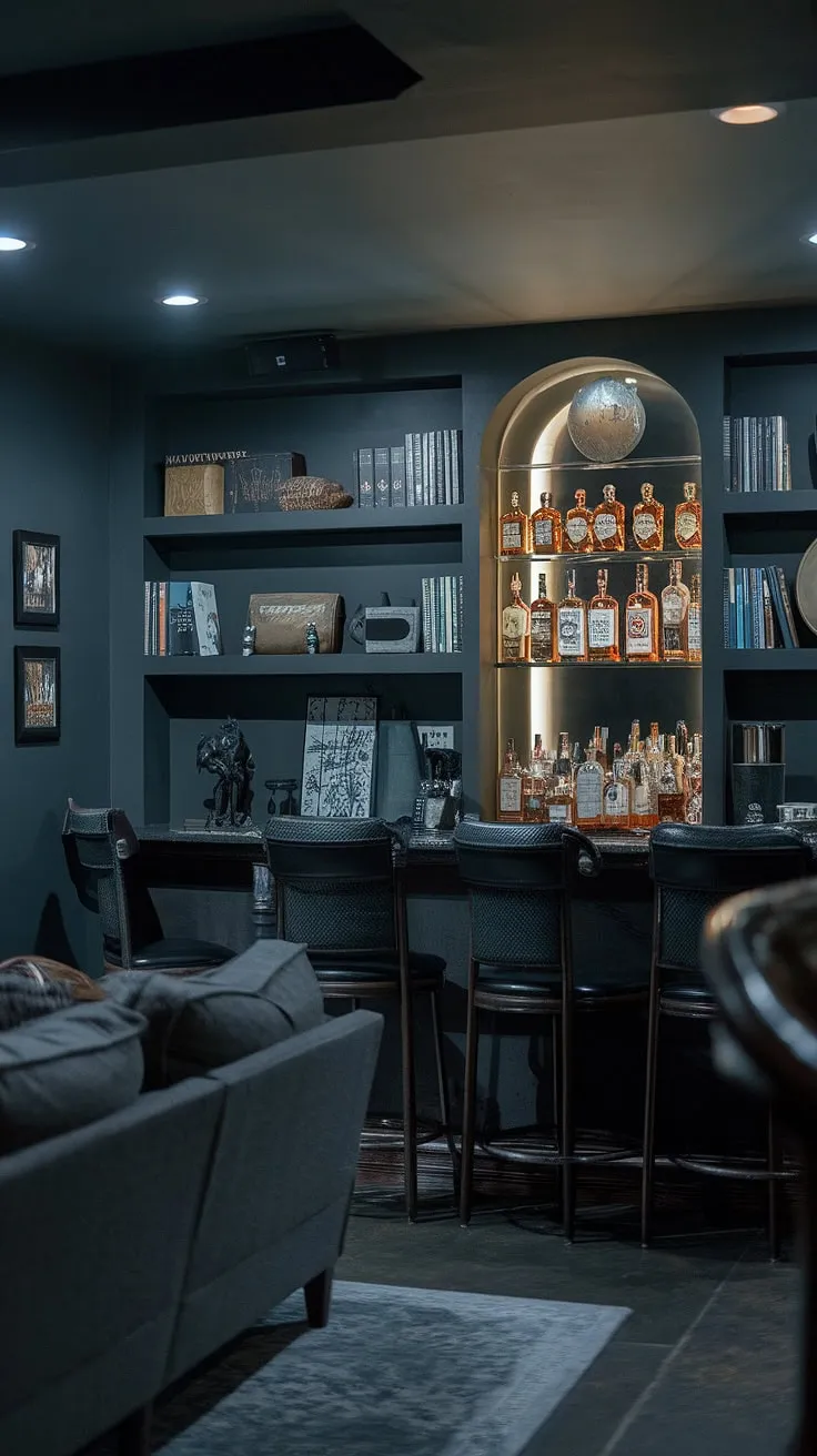 Escape the ordinary in this moody wine room, a masculine basement transformed into a library barroom.  The perfect blend of home office bar ideas and man cave with bar, this speakeasy-inspired space offers a sophisticated men's sitting room where bourbon flows freely.  Mancave design ideas at their finest.