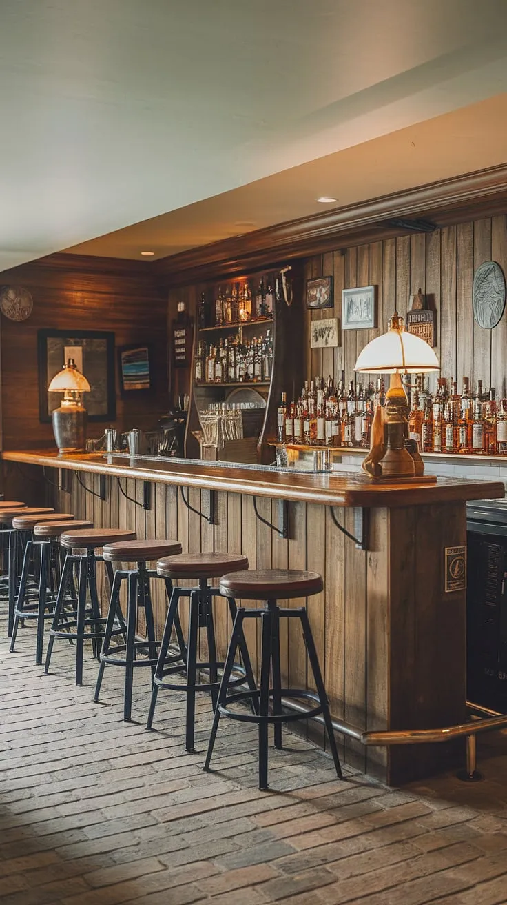 A dimly lit speakeasy, a refined bourbon room, or a cozy men's sitting room? This man cave with bar is all three.  The rich wood paneling and brick floor create a masculine basement that's both inviting and impressive.  Perfect for showcasing your collection, this library barroom offers endless home office bar ideas and inspires mancave design ideas for the discerning gentleman.