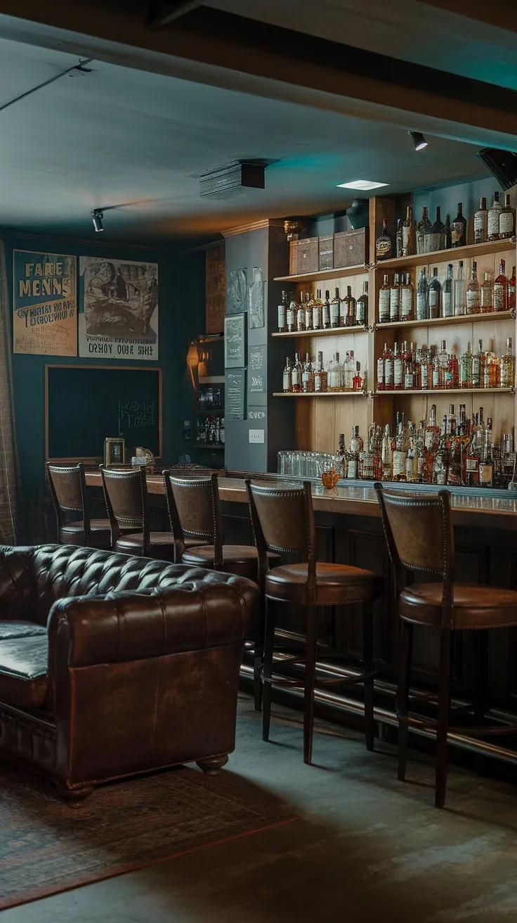 This speakeasy-inspired mancave design ideas showcases a bourbon room with a long wooden bar, stocked with the finest spirits.  The men's sitting room features comfortable leather seating, creating the ultimate space for unwinding.  A true testament to masculine basement design.