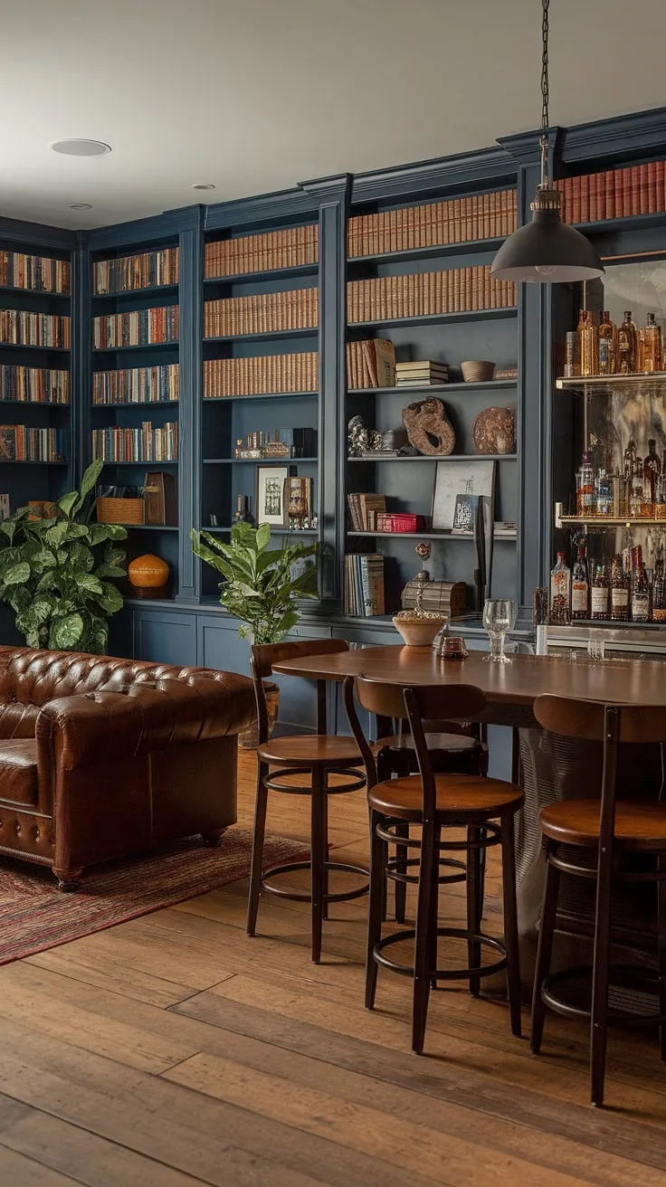A man cave with bar that's more than just a space; it's a sanctuary.  This masculine basement boasts a library barroom, complete with a comfortable men's sitting room and the sophisticated feel of a moody wine room.  Perfect for those seeking home office bar ideas, this space effortlessly blends functionality and style, hinting at a hidden speakeasy within.
