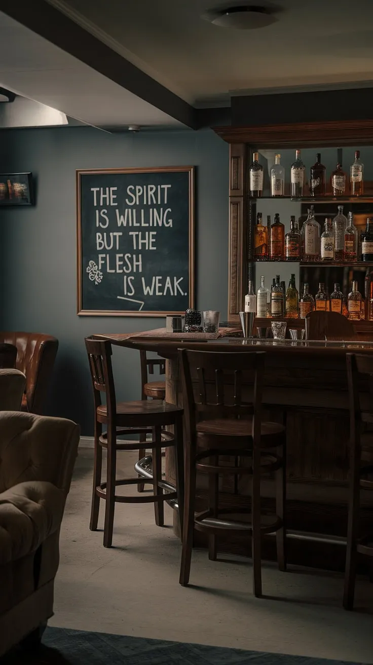 This masculine basement, a blend of library barroom and moody wine room, offers the perfect man cave with bar.  The dimly lit speakeasy vibe, complete with a chalkboard proclaiming "The spirit is willing but the flesh is weak," sets the stage for sophisticated evenings.  Consider this design for your own home office bar ideas or mancave design ideas; a bourbon room for the discerning gentleman.