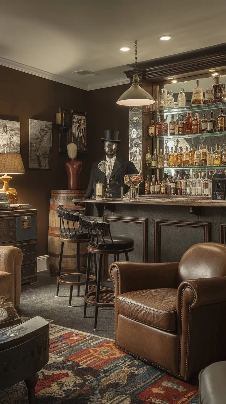 A dimly lit speakeasy awaits in this masculine basement.  The home office bar ideas are evident in the well-stocked bar, while the overall design evokes a moody wine room and a refined library barroom.  This man cave with bar, complete with vintage furnishings and a dapper mannequin, is the perfect example of mancave design ideas for the discerning gentleman.  The bourbon room vibe is undeniable.
