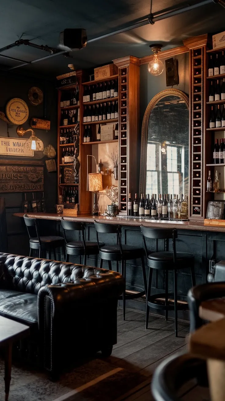 Step into this moody wine room, a sophisticated blend of library barroom and speakeasy.  The masculine basement design boasts a man cave with bar, perfect for enjoying bourbon in a men's sitting room setting.  This mancave design ideas showcase a home office bar ideas with vintage charm.