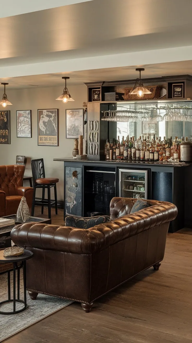 This masculine basement transcends the typical man cave; it's a sophisticated library barroom, a moody wine room perfect for quiet contemplation, or a lively speakeasy ready for friends.  The home office bar ideas are subtly integrated, creating a space where bourbon room relaxation meets refined men's sitting room comfort.  Man cave design ideas at their finest.