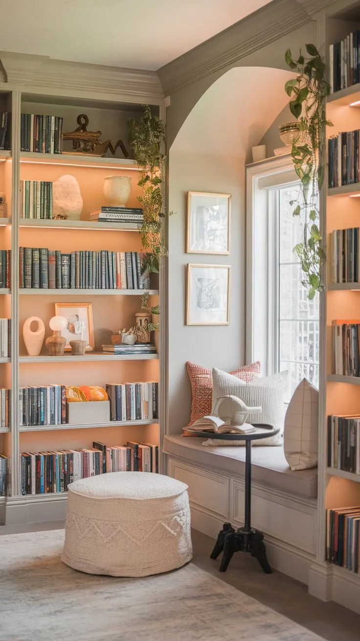 A cozy library-inspired bedroom, where books and comfort intertwine in a serene sanctuary.