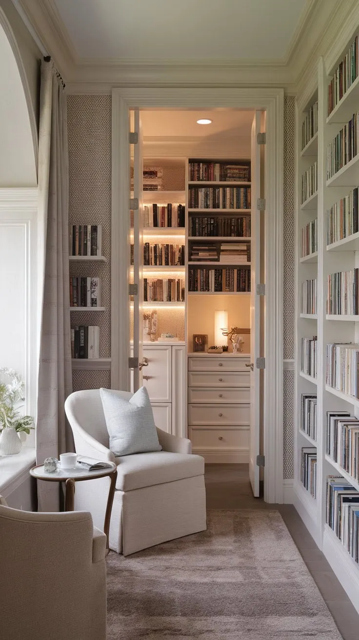 A cozy library-inspired bedroom, where books and comfort intertwine in a serene sanctuary.