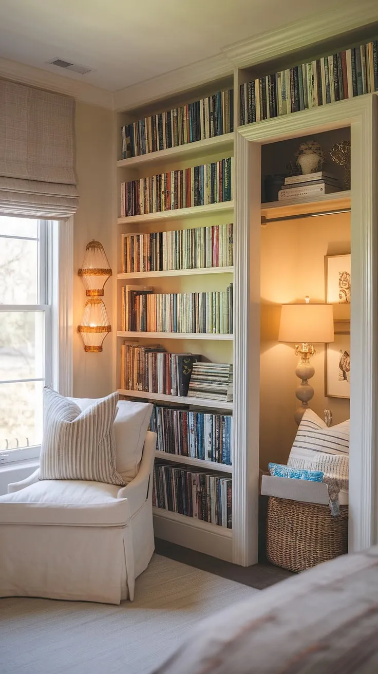 Imagine curling up in this cozy home library, a sanctuary of soft library aesthetic.  The book nook by window, bathed in gentle light, invites quiet contemplation, while a cleverly designed walk-in closet book nook provides a second secret reading haven.  These book nooks in bedrooms, showcasing brilliant library bedroom ideas, create a truly unique and enchanting reading nook aesthetic.