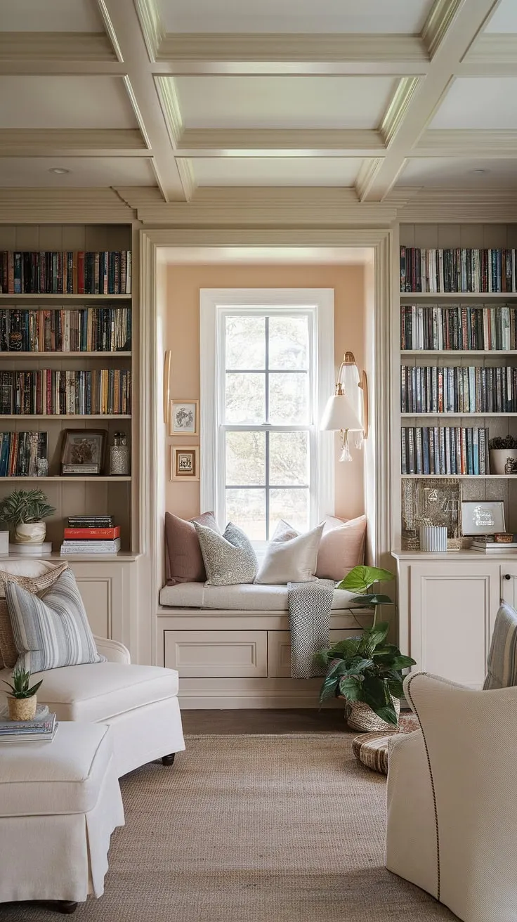 Escape to this secret cozy room, a small closet reading nook transformed into a dreamy reading nook aesthetic.  Perfect library bedroom ideas, showcasing a soft library aesthetic and a book nook by window that feels like a walk-in closet book nook, brimming with book nooks in bedrooms charm.
