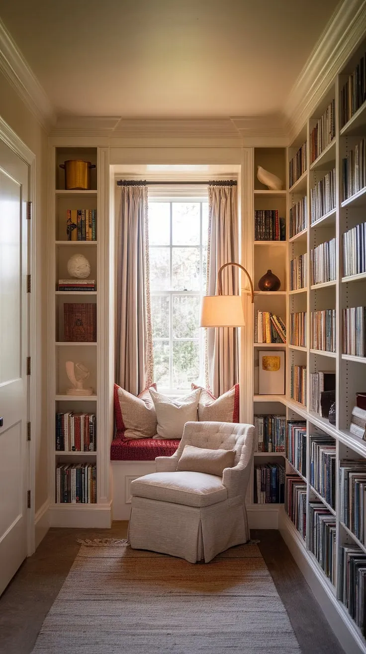 Imagine curling up in this small closet reading nook, bathed in warm light.  This book nook by window is the heart of this cozy home library, a perfect example of reading nook aesthetic and inspiring library bedroom ideas.  A true secret cozy room, cleverly designed from a walk-in closet book nook.
