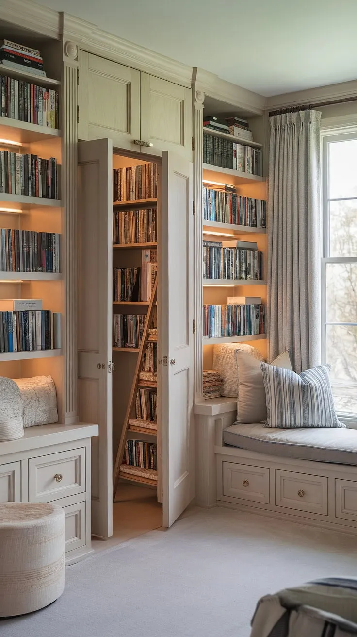 Escape to this secret cozy room, a small closet reading nook transformed into a dreamy reading nook aesthetic.  The perfect blend of library bedroom ideas and soft library aesthetic, this book nook by window offers a haven for book lovers.  Imagine curling up in the plush chair, sunlight streaming through the curtains – a true walk-in closet book nook and the ultimate book nooks in bedrooms.