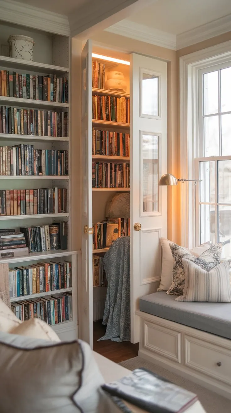 Escape to a literary haven in this charming library-themed bedroom, where the scent of books and the warmth of a reading nook await.