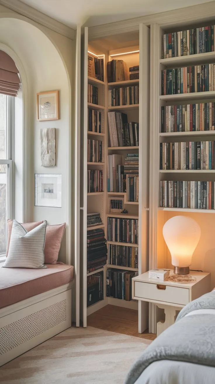 Escape into a world of literary bliss in this enchanting library-meets-bedroom sanctuary.