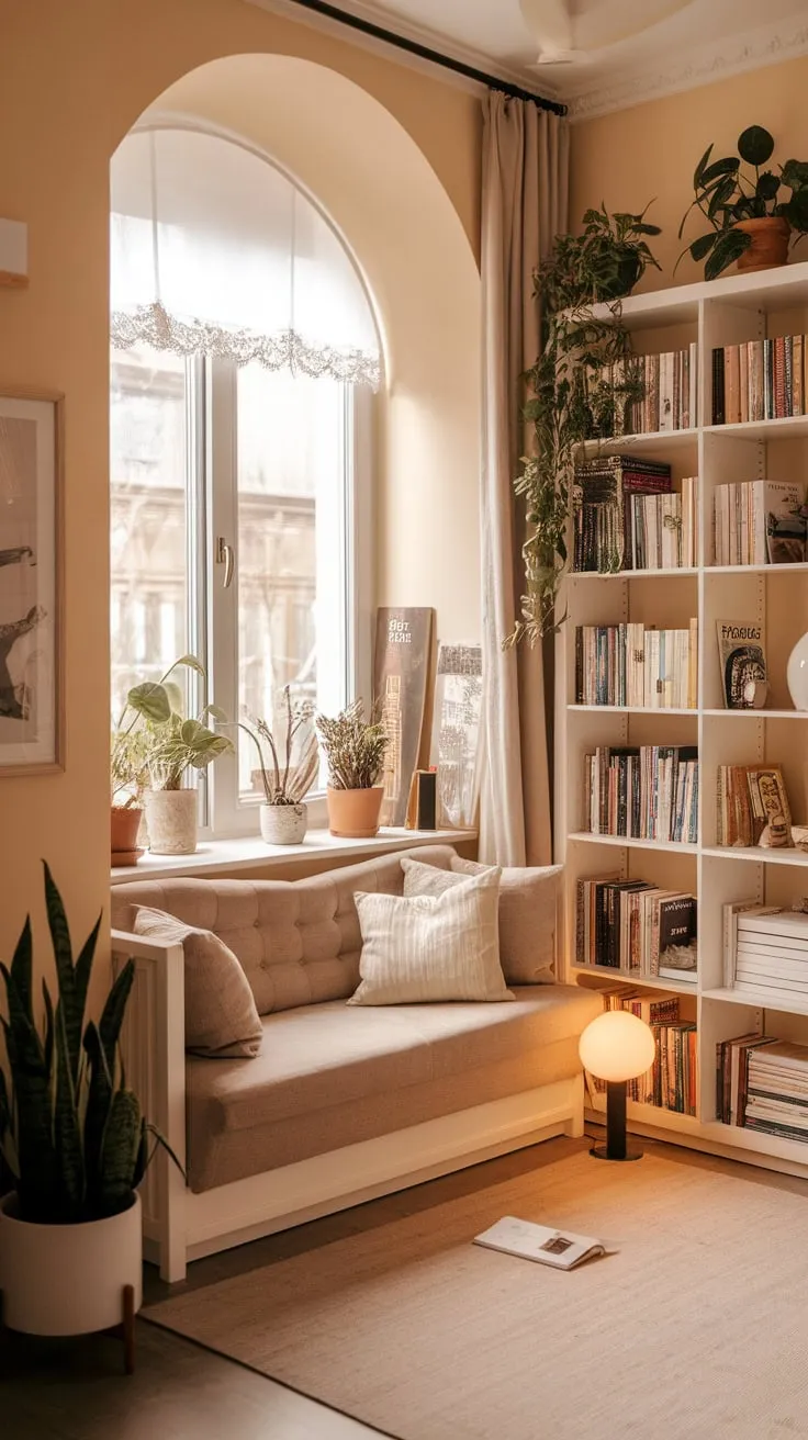 Escape the world in this serene literary haven, where books and comfort collide.
