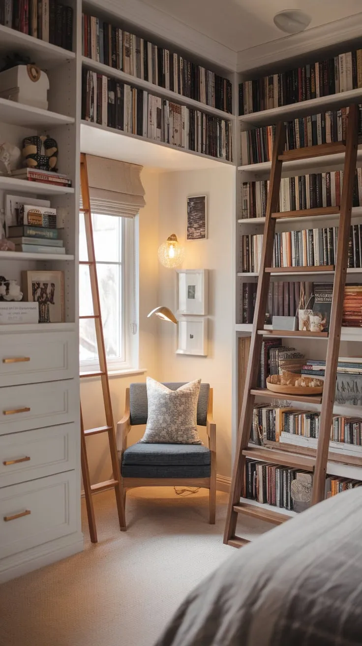 Escape the world in this enchanting bedroom library, where books and reading nook create a sanctuary of literary bliss.