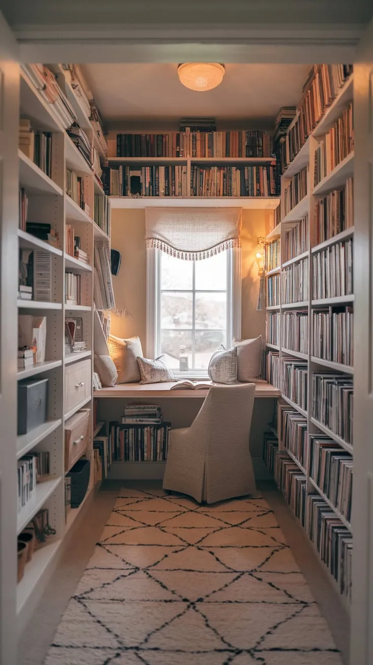 Escape the world in this enchanting library-turned-bedroom, where the scent of books and the soft glow of light create a haven for the literary soul.