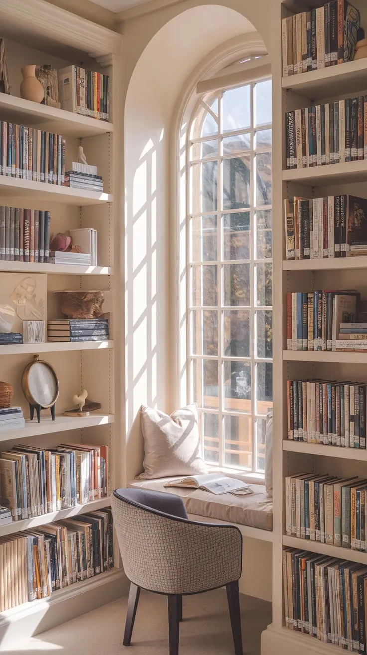 A cozy library nook, where books and sunlight dance in perfect harmony.
